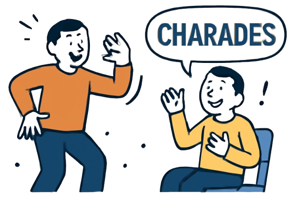 Grupa ludzi grających w kalambury z hasłami o znanych osobach