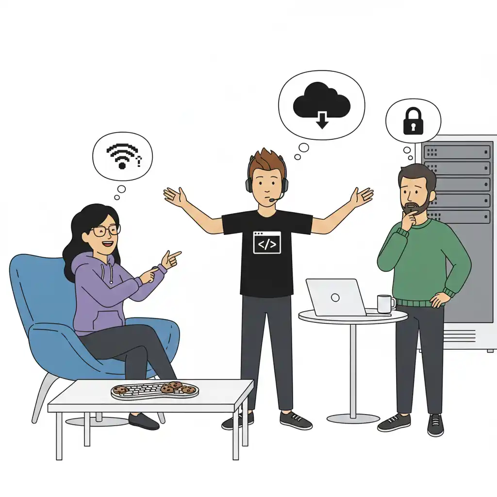 Grupa ludzi grających w kalambury z hasłami IT i informatycznymi