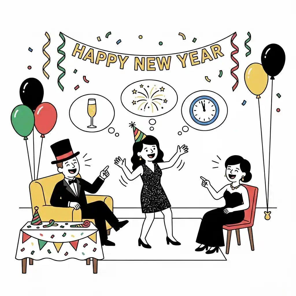 Grupa ludzi grających w kalambury z hasłami o Sylwestrze